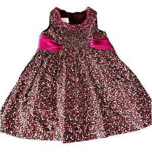 Bonnie Baby Brown Floral Sleeveless Dress 18m Pink Sash Ruffle Trim
